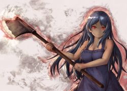 Rule 34 | 1girl, axe, bare arms, bare shoulders, black hair, blue dress, breasts, cleavage, closed mouth, commentary request, copyright request, dark-skinned female, dark skin, dress, eyebrows hidden by hair, highres, hikari niji, holding, holding axe, long hair, medium breasts, parted bangs, red eyes, solo, strapless, strapless dress, very long hair