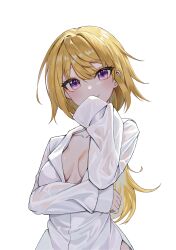 Rule 34 | 1girl, absurdres, arm under breasts, blonde hair, blush, breasts, charlotte dunois, closed mouth, collarbone, collared shirt, commentary, eyelashes, highres, infinite stratos, looking at viewer, partially unbuttoned, purple eyes, shirt, simple background, sleeves past fingers, sleeves past wrists, smile, solo, white background, white shirt, wldrns232