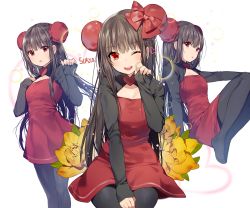 Rule 34 | 1girl, ;d, black hair, black pantyhose, blush, dress, flower, heart, long hair, looking at viewer, multiple views, one eye closed, open mouth, original, pantyhose, red eyes, simple background, sleeves past wrists, smile, sukja, teeth, tongue, tongue out