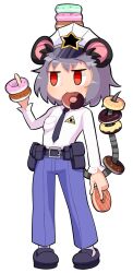 Rule 34 | 1girl, animal ears, black footwear, black necktie, blue pants, blush, breast pocket, commentary request, cookie (touhou), doughnut, flat chest, food, food in mouth, food on head, food on tail, full body, grey hair, hair ornament, hat, holding, holding food, hospital king, illuminati, kofji (cookie), long sleeves, looking afar, medium bangs, mouse ears, mouse girl, mouse tail, nazrin, necktie, object on head, open mouth, pants, peaked cap, pigeon-toed, pocket, police, police uniform, policewoman, red eyes, shoes, short hair, simple background, solo, standing, star (symbol), star hair ornament, tail, touhou, uniform, white background, white hat