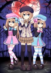 Rule 34 | 3girls, :d, bat (animal), beret, black legwear, blanc (neptunia), blazer, blue bow, blue eyes, bow, bowtie, brown hair, checkered clothes, checkered neckwear, checkered skirt, commentary, commentary request, cross, dress, full body, full moon, gekijigen tag: blanc + neptune vs zombie gundan, graveyard, hair bow, hands up, hat, highres, holding, holding paper, jacket, long hair, looking at viewer, mary janes, moon, multiple girls, neptune (series), night, open mouth, paper, pink bow, pointing, pointing at viewer, ram (neptunia), red moon, rom (neptunia), school uniform, shoes, short hair, siblings, sisters, skirt, smile, standing, standing on one leg, striped clothes, striped legwear, striped thighhighs, thighhighs, tombstone, twins, zero (ray 0805)