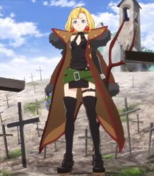 Rule 34 | 1girl, belt, blonde hair, blue eyes, boots, breasts, building, cloud, earrings, grave, highres, jewelry, junketsu no maria, maria (junketsu no maria), screencap, short hair, sky, solo, standing, thigh strap, wreath