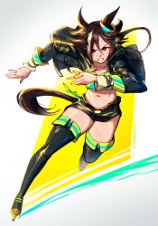 Rule 34 | 1girl, animal ears, belt, black footwear, black jacket, black shorts, boots, brown eyes, brown hair, crop top, full body, hair over one eye, horse ears, horse girl, horse tail, jacket, long hair, long sleeves, looking at viewer, midriff, navel, parted lips, ponytail, running, sabum, shirt, shorts, solo, stopwatch, stopwatch around neck, tail, thigh boots, two-tone background, umamusume, vodka (umamusume), white background, yellow background, yellow shirt