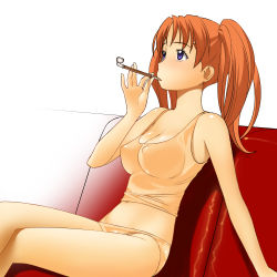 Rule 34 | 00s, 1girl, a1 (initial-g), bare shoulders, blue eyes, breasts, camisole, cleavage, crossed legs, highres, kaleido star, kiseru, lingerie, long hair, medium breasts, mia guillem, mouth hold, orange hair, panties, purple eyes, red upholstery, simple background, sitting, smoking, smoking pipe, solo, twintails, underwear, white background