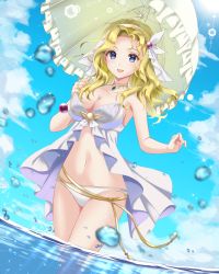 Rule 34 | 1girl, :d, alternate costume, bikini, blonde hair, blue eyes, blue sky, breasts, bubble, cleavage, cloud, collarbone, commission, cowboy shot, fire emblem, fire emblem: the sacred stones, highres, holding, holding umbrella, jewelry, kakiko210, long hair, looking at viewer, medium breasts, natasha (fire emblem), navel, necklace, nintendo, open mouth, partially submerged, showgirl skirt, skeb commission, sky, smile, solo, standing, sunlight, swimsuit, umbrella, water, white bikini