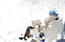 Rule 34 | 1boy, 1girl, black footwear, black pantyhose, blue hair, book, boots, brown footwear, cape, chamwa, closed eyes, closed mouth, commentary, earrings, elf, english commentary, falling leaves, frieren, hetero, highres, himmel (sousou no frieren), holding, holding book, jewelry, leaf, mole, mole under eye, pants, pantyhose, pointy ears, robe, short hair, simple background, smile, sousou no frieren, twintails, white background, white cape, white hair, white pants, white robe