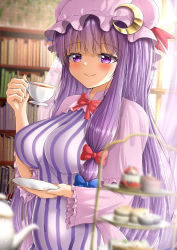 Rule 34 | 1girl, blue bow, blunt bangs, blurry, bookshelf, bow, bowtie, breasts, capelet, closed mouth, commentary request, covered navel, crescent, crescent hat ornament, cup, dress, food, frilled sleeves, frills, hair bow, hat, hat ornament, hat ribbon, highres, holding, holding cup, holding plate, large breasts, light blush, long hair, mob cap, partial commentary, pastry, patchouli knowledge, plate, purple eyes, purple hair, red bow, red bowtie, red ribbon, reijing etrn, ribbon, smile, solo, striped clothes, striped dress, teacup, touhou, very long hair, wide sleeves