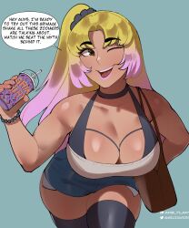 Rule 34 | 1girl, bag, black choker, black thighhighs, blonde hair, blue shorts, bracelet, breasts, brown bag, brown eyes, choker, cleavage, commentary, cup, dark-skinned female, dark skin, disposable cup, english commentary, english text, exposed pocket, fourth wall, gradient hair, grimace shake (meme), gyaru, hair ornament, hair scrunchie, handbag, highres, holding, holding cup, jewelry, large breasts, long hair, looking at viewer, matt (maybe its mayvi), maybe its mayvi, meme, milkshake, mismatched eyebrows, multicolored hair, one side up, original, pearl bracelet, pink hair, pink lips, scrunchie, shorts, sleeveless, solo, speech bubble, thick thighs, thighhighs, thighs