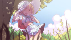 Rule 34 | 1girl, backpack, bag, blonde hair, blue ribbon, blunt bangs, blurry, blurry background, closed eyes, creatures (company), day, fanning, fanning face, fanning self, game freak, hand fan, hand up, hat, hat ribbon, highres, hot, lillie (pokemon), medium hair, midriff, miniskirt, nintendo, no panties, open mouth, orenji (wholesomeorenji), outdoors, pleated skirt, pokemon, pokemon sm, ribbon, skirt, solo, standing, summer, sun hat, teeth, tree, upper teeth only, white hat, white skirt
