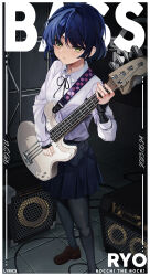 Rule 34 | 1girl, absurdres, bass guitar, black pantyhose, black skirt, blue hair, bocchi the rock!, closed mouth, collared shirt, green eyes, highres, holding, holding instrument, indoors, instrument, long sleeves, looking at viewer, medium hair, pantyhose, pleated skirt, rosu 1109, shirt, shoes, skirt, solo, speaker, standing, yamada ryo