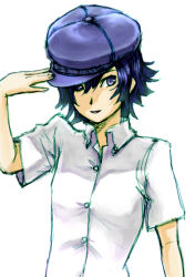 Rule 34 | 1girl, atlus, bad id, bad pixiv id, blue hair, buttons, cabbie hat, female focus, garutaisa, hair over one eye, hand on headwear, hat, open collar, persona, persona 4, purple eyes, shirogane naoto, simple background, sketch, solo, upper body, white background