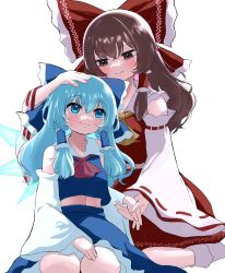 Rule 34 | 2girls, absurdres, ascot, bare shoulders, bow, brown eyes, brown hair, cirno, commentary request, cosplay, detached sleeves, frilled bow, frilled hair tubes, frills, gohei, hair bow, hair tubes, hakurei reimu, hakurei reimu (cosplay), half-closed eyes, hand on another&#039;s head, highres, ice, ice wings, looking at another, midriff, mikan (manmarumikan), multiple girls, navel, red bow, ribbon-trimmed sleeves, ribbon trim, simple background, skirt, touhou, white background, white sleeves, wide sleeves, wings, yellow ascot, yuri