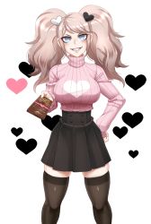 Rule 34 | 1girl, black skirt, black thighhighs, blue eyes, breasts, chocolate, commentary, danganronpa: trigger happy havoc, danganronpa (series), english commentary, enoshima junko, grin, hair ornament, hand on own hip, heart, heart background, heart hair ornament, impossible clothes, impossible sweater, incoming gift, large breasts, legs apart, light brown hair, long hair, long sleeves, looking at viewer, pink sweater, pleated skirt, ribbed sweater, ringed eyes, sharp teeth, simple background, skindentation, skirt, sleeves past wrists, smile, solo, sweater, teeth, thighhighs, turtleneck, turtleneck sweater, twintails, twrlare, v-shaped eyebrows, valentine, white background, zettai ryouiki