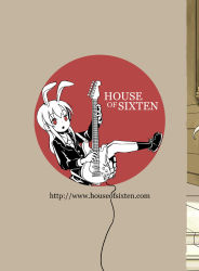 Rule 34 | 1girl, :o, animal ears, back cover, rabbit ears, cable, comic, cover, electric guitar, extra ears, guitar, instrument, jacket, long hair, long sleeves, monochrome, music, necktie, open mouth, playing instrument, red eyes, reisen udongein inaba, sidelocks, simple background, sixten, solo, spot color, touhou, watermark, web address