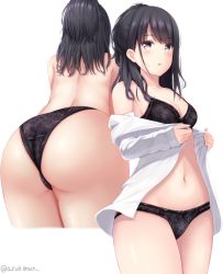 Rule 34 | 1girl, ass, azukiman, black bra, black eyes, black hair, black panties, blush, bra, breasts, cleavage, dress shirt, from behind, highres, idolmaster, idolmaster shiny colors, kazano hiori, lace, lace-trimmed panties, lace trim, medium breasts, medium hair, mole, mole under mouth, multiple views, open mouth, panties, partially undressed, shirt, thighs, topless, twitter username, underwear, white background, white shirt