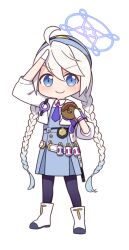 Rule 34 | 1girl, ahoge, arm up, black pantyhose, blue archive, blue dress, blue hair, blue headwear, boots, braid, chibi, collared shirt, cropped jacket, doughnut, dress, food, full body, gradient hair, halo, harada (sansei rain), holding, holding food, jacket, kirino (blue archive), long hair, long sleeves, low twintails, multicolored hair, open clothes, open jacket, pantyhose, puffy long sleeves, puffy sleeves, salute, shirt, simple background, solo, standing, twin braids, twintails, very long hair, white background, white footwear, white jacket, white shirt