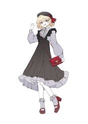 Rule 34 | 1girl, bag, beret, blonde hair, bobby socks, bow, brown eyes, center frills, collared dress, dress, fang, frilled dress, frills, full body, hand up, hat, hat bow, high heels, highres, long sleeves, looking at viewer, open mouth, pinafore dress, rumia, short hair, shoulder bag, sketch, sleeveless, sleeveless dress, smile, socks, solo, touhou, zenritsu
