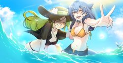 Rule 34 | 2girls, bikini, bikini top only, breasts, commentary, english commentary, fins, fish tail, flower, green eyes, green headwear, hat, hat flower, heterochromia, highres, indie virtual youtuber, kuroba plant, long hair, mako sameshima, medium breasts, midriff, multiple girls, navel, one eye closed, open fly, open hand, open mouth, orange bikini, orange eyes, parted bangs, red eyes, second-party source, shark tail, shorts, small breasts, sun hat, sunlight, swimsuit, tail, tiredcatmom, tongue, tongue out, v, virtual youtuber, water