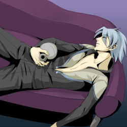 Rule 34 | 1boy, albino, bottle, couch, closed eyes, lowres, lying, male focus, open clothes, open shirt, shirt, short hair, silver hair, sleeping, soldier blue, solo, toward the terra, unzipped