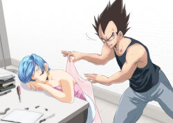 Rule 34 | 1boy, 1girl, annoyed, bare shoulders, black hair, blue hair, bulma, couple, dragon ball, dragon ball super, earrings, jewelry, looking at another, looking at viewer, one eye closed, screwdriver, sleeping, vegeta