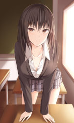 1girl arm_support black_cardigan blush breasts brown_eyes brown_hair cardigan classroom cleavage closed_mouth collarbone collared_shirt commentary_request desk downblouse female_focus grey_skirt hair_ornament hairclip hanging_breasts highres indoors kanpyou_(hghgkenfany) leaning_forward long_hair long_sleeves looking_at_viewer medium_breasts miniskirt original plaid_clothes plaid_skirt pleated_skirt school_desk shirt skirt solo standing v-shaped_eyebrows white_shirt window