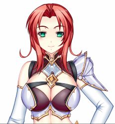 Rule 34 | 1girl, :d, animated, animated gif, armor, blush, bouncing breasts, breasts, breathing, cleavage, emofuri, green eyes, head tilt, large breasts, looking at viewer, open mouth, red hair, ryuuzouji usagi, shoulder pads, simple background, smile, solo, tsurime, upper body, white background