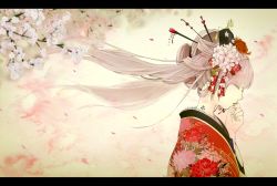 Rule 34 | 1girl, braid, cherry blossoms, closed eyes, fingernails, floral print, flower, from side, hair flower, hair ornament, hair ribbon, hair stick, hand to own mouth, hatsune miku, headdress, japanese clothes, kimono, letterboxed, long hair, name connection, object namesake, petals, pink hair, profile, ribbon, sakura miku, solo, tattoo, upper body, vocaloid, wind, yache