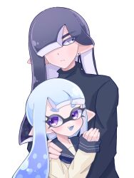 Rule 34 | 1boy, 1girl, black hair, blue hair, closed mouth, commentary, ear piercing, eyelashes, fang, highres, inkling, inkling boy, inkling girl, inkling player character, long hair, nintendo, open mouth, piercing, purple eyes, sailor collar, sailor shirt, shirt, simple background, smile, splatoon (series), symbol-only commentary, tentacle hair, tonbofree, white background