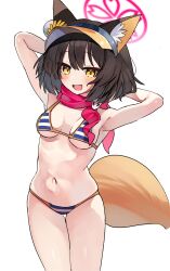 Rule 34 | 1girl, absurdres, animal ear fluff, animal ears, arms behind head, bikini, black hair, blue archive, blue bikini, blush, breasts, cowboy shot, eyeshadow, fox ears, fox girl, fox tail, halo, highres, izuna (blue archive), je o mo, looking at viewer, makeup, medium breasts, navel, open mouth, red eyeshadow, red halo, red scarf, scarf, simple background, smile, solo, striped bikini, striped clothes, swimsuit, tail, thigh gap, visor cap, white background, white bikini, yellow eyes