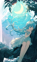 Rule 34 | 1girl, animal, animal on head, backlighting, barefoot, bird, bird on head, blue hair, canaca chiyuri, closed eyes, closed mouth, cloud, collarbone, commentary request, crescent moon, curtains, dress, feet out of frame, floating hair, hair between eyes, hand up, highres, legs together, light blue hair, light blush, light particles, long hair, moon, moonlight, night, on head, original, scenery, short dress, sidelocks, signature, sitting, smile, solo, sparkle, sundress, tree, white dress
