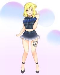 1girl, absurdres, artist name, artist request, bare legs, birthday, black choker, black dress, black footwear, black high heels, blonde hair, blue sky, blush, braid, breasts, checkered clothes, checkered dress, choker, clenched hand, crown braid, dress, fantastic departure!, female focus, flower tattoo, frilled dress, frills, full body, green eyes, hair rings, happy birthday, high heels, highres, leg tattoo, light brown eyes, looking at viewer, love live!, love live! school idol festival, love live! sunshine!!, ohara mari, parted lips, short hair, short sleeves, sky, smile, solo, star tattoo, tattoo, teeth, white background, yellow eyes