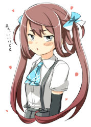 Rule 34 | 10s, 1girl, asagumo (kancolle), ascot, black gloves, blue eyes, bow, brown hair, elbow gloves, engiyoshi, gloves, hair bow, hair ribbon, kantai collection, long hair, looking at viewer, ribbon, school uniform, solo, suspenders, translation request, twintails