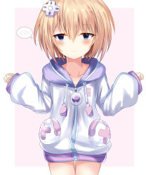 Rule 34 | 1girl, blanc (neptunia), blue eyes, blush, breasts, brown hair, cleavage, clenched hands, collarbone, commentary request, cosplay, cowboy shot, d-pad, d-pad hair ornament, embarrassed, hair between eyes, hair ornament, hands up, hood, hooded jacket, jacket, looking at viewer, neptune (neptunia), neptune (neptunia) (cosplay), neptune (series), nervous, ray 726, short hair, small breasts, solo, spoken blush, usb, very long sleeves