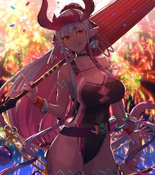 Rule 34 | 1girl, backlighting, bare shoulders, belt, black one-piece swimsuit, blue hair, blush, body markings, bracelet, breasts, cleavage, collarbone, colored skin, confetti, covered navel, earrings, fate/grand order, fate (series), fireworks, grey skin, hair between eyes, hat, highleg, highleg swimsuit, highres, horns, hsin, ibuki douji (fate), ibuki douji (swimsuit berserker) (fate), jewelry, katana, large breasts, licking lips, long hair, looking at viewer, magatama, multicolored hair, oil-paper umbrella, one-piece swimsuit, oni, oni horns, pink hair, pink hat, pink one-piece swimsuit, pointy ears, ponytail, red eyes, sidelocks, smile, solo, swimsuit, sword, tail, thighs, tongue, tongue out, two-tone swimsuit, umbrella, visor cap, weapon, wristband
