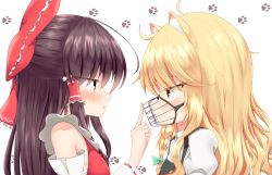 Rule 34 | 2girls, ahoge, animal ear fluff, animal ears, bare shoulders, black hair, black vest, blonde hair, blush, bow, braid, breasts, brown eyes, cat ears, commentary request, detached sleeves, eye contact, frilled bow, frills, from side, green bow, hair bow, hair tubes, hakurei reimu, hickey, kemonomimi mode, kirisame marisa, long hair, long sleeves, looking at another, multiple girls, muzzle, no headwear, no headwear, parted lips, paw print, profile, puffy short sleeves, puffy sleeves, rankasei, red bow, ribbon-trimmed sleeves, ribbon trim, sarashi, shirt, short sleeves, sidelocks, simple background, single braid, small breasts, sweat, touhou, tsurime, upper body, vest, white background, white shirt, wide sleeves, yellow eyes