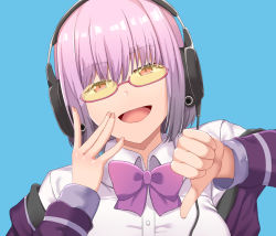 Rule 34 | 10s, 1girl, :d, arm up, blue background, bow, bowtie, collared shirt, commentary request, dress shirt, fingernails, glasses, gridman universe, hair between eyes, hand on own face, hand up, head tilt, headphones, jacket, long fingernails, long sleeves, off shoulder, open clothes, open jacket, open mouth, pink-tinted eyewear, pink hair, purple bow, purple bowtie, purple jacket, red eyes, semi-rimless eyewear, shin&#039;yashiki, shinjou akane, shirt, short hair, simple background, smile, solo, ssss.gridman, sunglasses, thumbs down, tinted eyewear, under-rim eyewear, upper body, white shirt, wing collar, yellow-tinted eyewear, yellow-tinted glasses