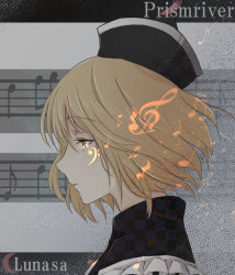 Rule 34 | 1girl, bad id, bad pixiv id, blonde hair, cibo (killy), english text, hat, letterboxed, lunasa prismriver, musical note, profile, solo, staff (music), touhou, upper body, yellow eyes