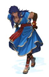 Rule 34 | 1boy, :/, blue hair, clothes lift, dark-skinned male, dark blue hair, dark skin, donkey fgo, earrings, fate/grand order, fate (series), greco-roman clothes, hair between eyes, highres, jewelry, leaning forward, long hair, looking at viewer, male focus, pectoral cleavage, pectorals, red eyes, romulus quirinus (fate), skirt, skirt lift, slippers, solo, toned, toned male, very long hair