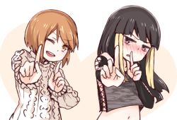 Rule 34 | 2girls, aran sweater, bare shoulders, black hair, black shirt, blonde hair, blunt bangs, blush, bob cut, bridal gauntlets, brown eyes, brown hair, cable knit, camouflage, camouflage shirt, commentary, crop top, dancing, embarrassed, full-face blush, furrowed brow, grey shirt, heart, i.u.y, index finger raised, kinuhata saiai, koi dance, kuroyoru umidori, lace-up, long hair, looking at viewer, midriff, multicolored hair, multiple girls, navel, one eye closed, open mouth, outstretched arm, parted bangs, parted lips, shirt, short hair, sidelocks, sleeveless, smile, sweater, toaru majutsu no index, two-tone hair, upper body, white background