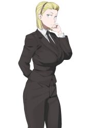 Rule 34 | 1girl, arm behind back, bangs pinned back, black jacket, black necktie, black pants, blonde hair, breasts, business suit, closed mouth, collared shirt, copyright request, formal, ginzou, green eyes, hairband, highres, jacket, large breasts, looking at viewer, medium hair, necktie, pant suit, pants, sanpaku, shirt, simple background, solo, standing, suit, white background, white shirt, wing collar