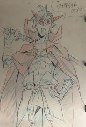Rule 34 | 00s, 1boy, absurdres, blue hair, cape, colored pencil (medium), gradient background, graphite (medium), hand on own hip, highres, kamina (ttgl), looking at viewer, male focus, open mouth, over shoulder, sarashi, sketch, solo, sunglasses, sushio, sword, tengen toppa gurren lagann, text focus, topless male, traditional media, translation request, weapon, weapon over shoulder