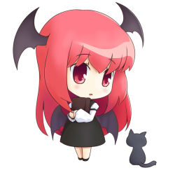 Rule 34 | 1girl, :d, arm belt, armband, bat wings, black dress, blush, book, hugging book, cat, chibi, dress, dress shirt, full body, head wings, holding, holding book, hugging object, koakuma, long hair, long sleeves, low wings, musashino udon, open mouth, red eyes, red hair, shirt, shoes, simple background, smile, solo, touhou, very long hair, white background, white shirt, wings