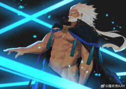 Rule 34 | 1boy, abs, absurdres, bara, bare pectorals, beard, cloak, dark-skinned male, dark skin, facial hair, fate/grand order, fate (series), feet out of frame, from side, highres, hunterkay, large pectorals, light particles, long hair, male focus, mature male, muscular, muscular male, mustache, naked cloak, navel, nipples, noble phantasm (fate), pectorals, photokinesis, profile, ptolemy (fate), revealing clothes, solo, stomach, strongman waist, thick beard, thick mustache, thick thighs, thighs, very long hair