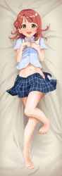 Rule 34 | 1girl, bare legs, barefoot, blush, bow, bowtie, commentary request, commission, dakimakura (medium), feet, from above, full body, green eyes, grey shirt, hair bun, hair ornament, hairclip, highres, knees together feet apart, legs, lifted by self, long hair, love live!, love live! nijigasaki high school idol club, lying, midriff, nail polish, navel, on back, one side up, open mouth, parted bangs, partially unbuttoned, pink bow, pink bowtie, pink hair, pink nails, plaid, plaid skirt, school uniform, shirt, short sleeves, sidelocks, single side bun, skeb commission, skirt, solo, taachika, thighs, toenail polish, toenails, toes, uehara ayumu, vest lift