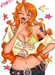Rule 34 | 1girl, bra, breasts, carli (carliwara), cleavage, cunnilingus gesture, highres, large breasts, lesbian pride colors, lgbt pride, midriff, nami (one piece), one piece, orange hair, pride month, solo, stomach, tongue, tongue out, underwear, yuri
