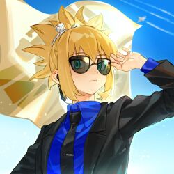 1girl adjusting_eyewear black_necktie black_suit blonde_hair blue_shirt dr._stone formal_clothes glasses green_eyes happyfrogpopo highres kohaku_(dr._stone) necktie ponytail round_eyewear shirt solo solo_focus suit