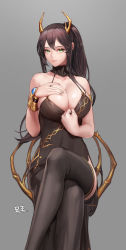 Rule 34 | 1girl, antlers, arm guards, armlet, bare arms, bare shoulders, black dress, blush, breasts, brown hair, character request, closed mouth, collarbone, crossed legs, dress, dungeon and fighter, female slayer (dungeon and fighter), foreshortening, green eyes, half-closed eyes, hand on own chest, highres, horns, large breasts, long hair, looking at viewer, monaim, monochrome, ponytail, seductive smile, shiny skin, side slit, sidelocks, sleeveless, sleeveless dress, smile, solo, spaghetti strap, teasing, thighhighs, tsurime