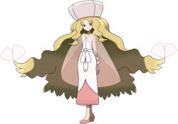 Rule 34 | 1girl, arms behind back, blonde hair, blue eyes, butterfly hair ornament, caitlin (pokemon), cape, closed mouth, collarbone, creatures (company), dress, eyelashes, floating hair, full body, game freak, hair ornament, hand on own wrist, hat, large hat, long hair, long sleeves, looking at viewer, nintendo, official art, oomura yuusuke, parted bangs, pink cape, pink footwear, pokemon, pokemon bw, see-through cape, sidelocks, solo, standing, transparent background, very long hair, wavy hair, wedge heels, white dress
