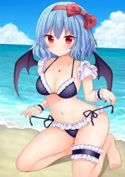 Rule 34 | 1girl, bare legs, barefoot, bat wings, beach, bikini, black bikini, blue hair, blush, bow, breasts, closed mouth, collarbone, detached sleeves, frilled bikini, frilled sleeves, frilled straps, frilled wrist cuffs, frills, full body, hair bow, hairband, hands up, highres, jewelry, kneeling, looking ahead, medium breasts, navel, necklace, red bow, red eyes, red hairband, remilia scarlet, sand, short sleeves, side-tie bikini bottom, sitting, sleeveless, smile, solo, stomach, strap lift, suigetsu (watermoon-910), swimsuit, thigh strap, thighs, touhou, wariza, water, wings, wrist cuffs