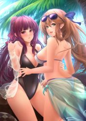 Rule 34 | 2girls, alternate costume, alternate hairstyle, anakin sky (utcc), ass, back, bare shoulders, bikini, black one-piece swimsuit, blouse, blush, braid, breasts, brown hair, cleavage, closed mouth, covered navel, crown braid, day, earrings, eyewear on head, girls&#039; frontline, green eyes, hair between eyes, hair ribbon, hair rings, hand on another&#039;s back, highres, jewelry, large breasts, light particles, long hair, looking at viewer, multiple girls, navel, official alternate costume, one-piece swimsuit, open mouth, outdoors, palm tree, ponytail, purple hair, red eyes, ribbon, sarong, see-through, shirt, shoulder blades, sidelocks, smile, springfield (girls&#039; frontline), springfield (stirring mermaid) (girls&#039; frontline), sunglasses, swimsuit, tareme, thighs, transparent, tree, tsurime, very long hair, wa2000 (girls&#039; frontline), white bikini, white shirt